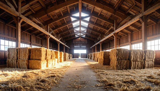 Interior of a wooden barn filled with hay bales