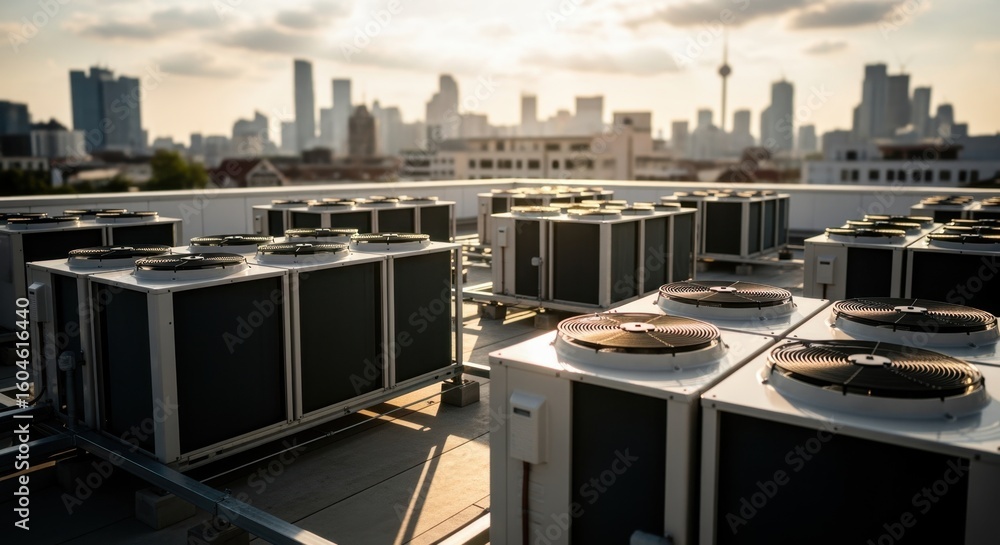 Poster elevated view of multiple condenser units arranged on rooftop efficient heat dissipation for climate