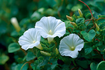 Field bindweed or Convolvulus arvensis European bindweed Creeping Jenny Possession vine herbaceous perennial plant with open and closed white flowers surrounded with dense green leaves
