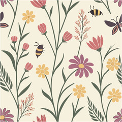 Floral pattern with flowers butterfly and bees nature inspired design vector illustration seamless background