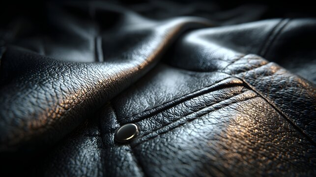 Close-up view of black leather jacket texture.