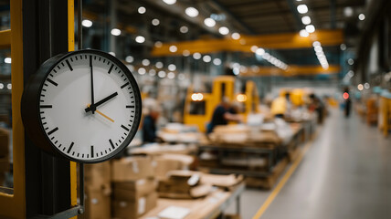 A close-up of a clock in an industrial setting, with a busy factory floor and workers in the blurred background.