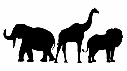Fototapeta premium Silhouette illustration showcasing an elephant, giraffe, and lion standing side by side in black color