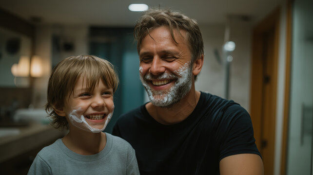A father and his young son, both with shaving cream on their faces, smile playfully at the camera. - Powered by Adobe