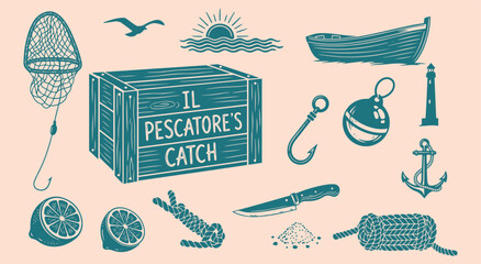 The Fisherman's Catch Il Pescatore's Catch vector illustration set. Hand drawn vintage engraving style of fishing and nautical elements for seafood, travel, and design projects. © MH HASIB
