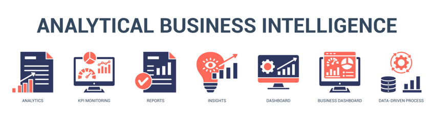 Analytical Business Intelligence Modern and clean web banner illustration featuring thematic icons for visual communication