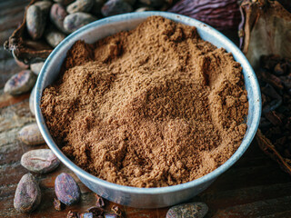 Close-up of Natural cocoa powder with brown cocoa beans and dry cacao nibs