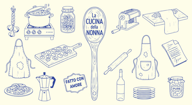 Grandma's Kitchen La Cucina della Nonna vector illustration set. Hand drawn vintage line art of Italian cooking elements like pasta maker, apron, and spoon for food and cultural design.