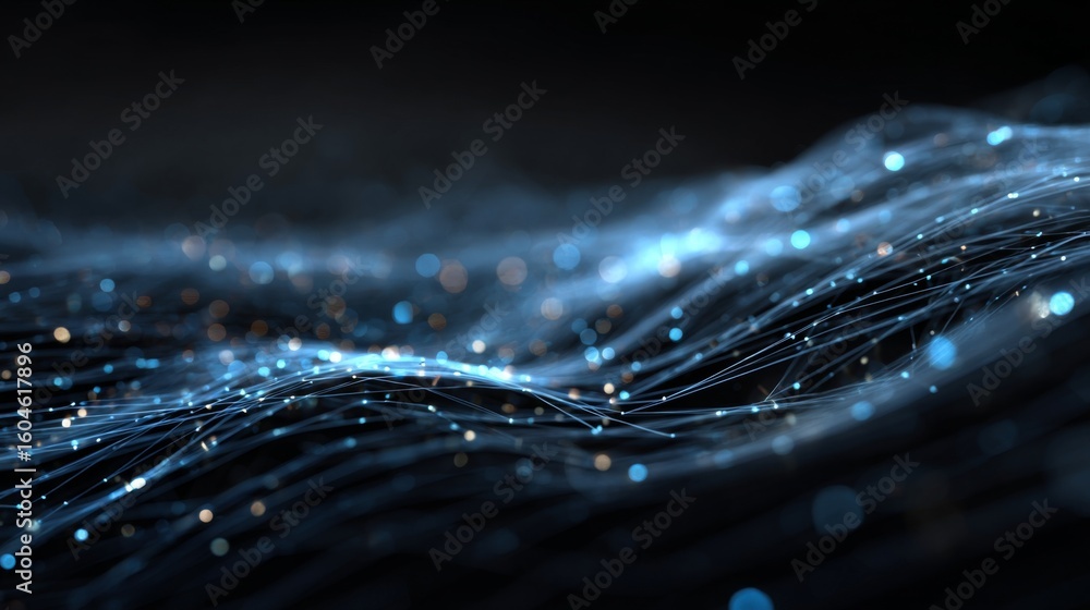 Poster abstract dynamic motion with tech circuit design in blue overlays featuring digital waves and light 