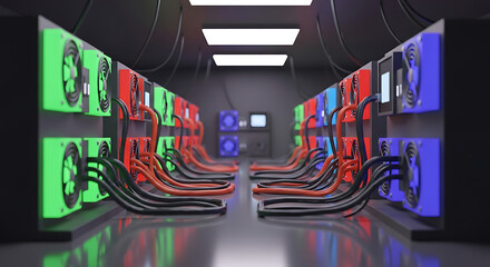 A futuristic server room filled with colorful, high-performance computer graphics cards, interconnected by cables.
