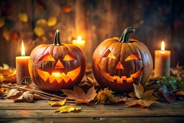 Two glowing carved pumpkins with candles in an autumnal setting