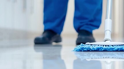 Worker in blue uniform mopping a polished floor surface, emphasizing cleanliness and professional service