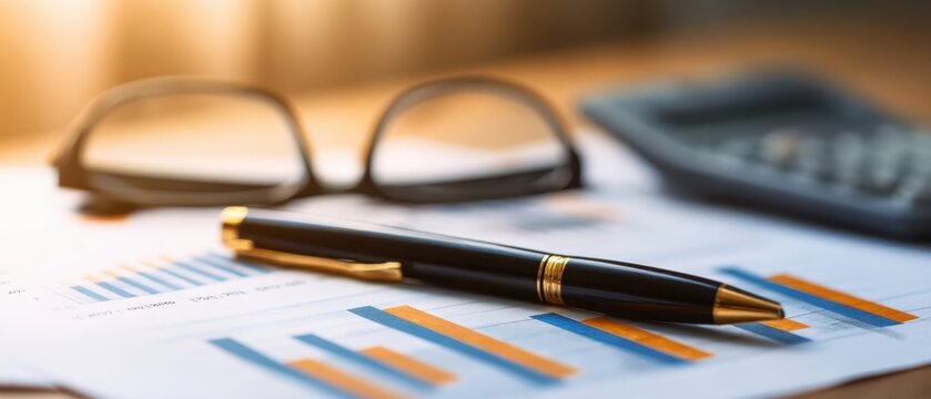 The pen resting on financial reports with charts and glasses in professional office setting.