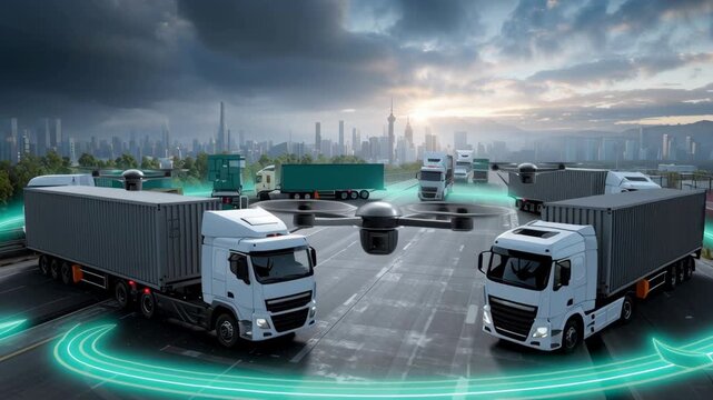 Futuristic Logistics Scene with Drones and Trucks in Cityscape Showcasing Eco Efficient Transport Solutions and Advanced Technology