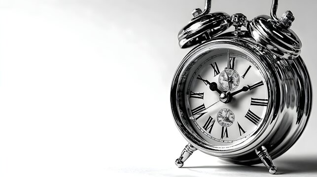 A polished chrome alarm clock stands on a white surface.
