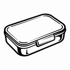 Black and white illustration of a closed rectangular lunchbox container