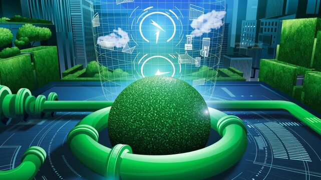Futuristic Cityscape Showcasing Green Energy Technology and Digital Interface with Eco Friendly Elements and Designs