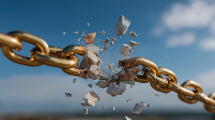 "ECONOMIC CRISIS" is written in chains breaking apart in a dark, dramatic setting, symbolizing collapse and struggle.