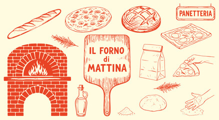 Italian Morning Bakery (Il Forno di Mattina) vector illustration set. Hand drawn vintage line art of bread, pizza, oven, and baking elements for menu, restaurant, and cooking design.