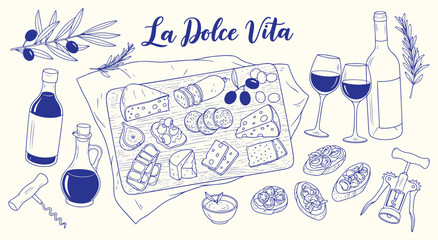 La Dolce Vita Italian food platter vector illustration. Hand drawn line art of a charcuterie board with cheese, salami, olives, and wine for menu, restaurant, and gourmet design projects.