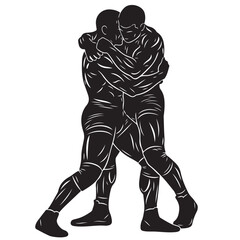 Black and white wrestling silhouette, vector illustration. Two wrestlers grappling.