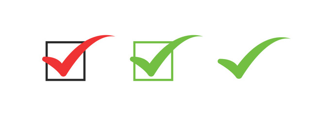 Check mark icons in various styles, checklist or approval symbols on selection boxes