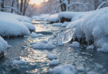 Frozen creek with stunning ice formations and snow banks at sunset