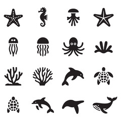 Aquatic sea life icons flat marine and underwater symbol s