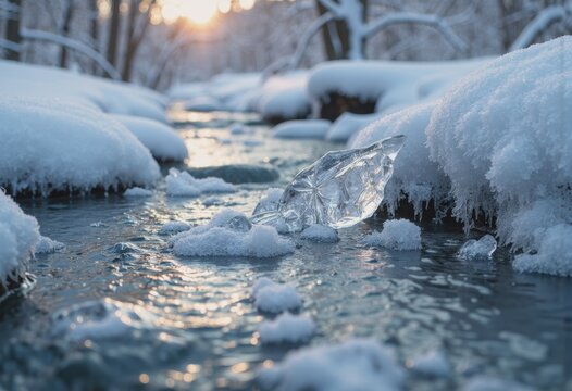 Frozen creek with stunning ice formations and snow banks at sunset