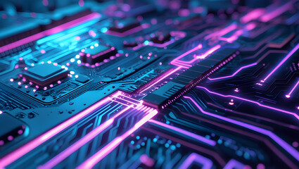 Close-up view of a vibrant, illuminated circuit board showcasing intricate electronic pathways and components.