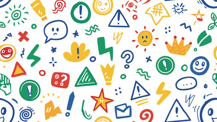 Colorful childish crayon drawn doodles and scribbles. Pencil vector kid drawings, funky question marks and exclamation points, crowns, arrows,scribble, abstract, crayon, doodle, illustration, shape, 