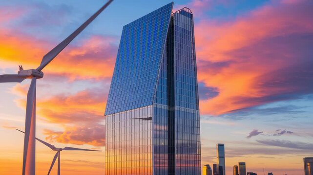 Futuristic Skyscraper and Wind Turbines Reflecting Vibrant Sunset Colors in Cityscape Architecture with Unique Design