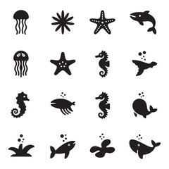 Aquatic sea life icons flat marine and underwater symbol s