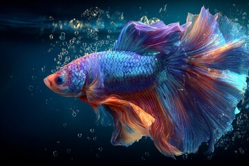 Fototapeta premium Vibrant Betta Fish with Flowing Blue and Orange Fins in Bubbles