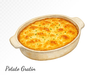Golden crusted potato gratin in a ceramic pan, painted in cozy watercolor style with creamy filling and warm rustic tones for autumn food design. Vector illustration.