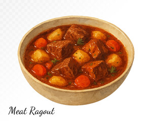 Rustic meat ragout with vegetables in a ceramic bowl, painted in cozy autumn watercolor style with warm savory tones and hearty comfort mood. Vector illustration.