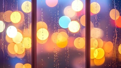 Rainy night city lights through window - Powered by Adobe