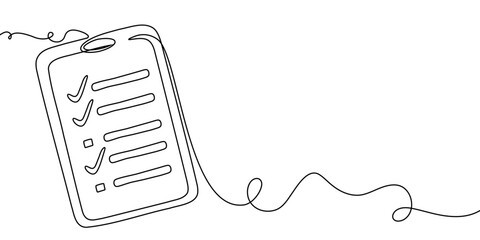 Art one line document continuous icon list illustration single check clipboard. One art line test checklist survey data pen paper vector business report doodle notebook agenda sketch board form.