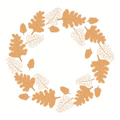 Vector wreath made of hand drawn oak leaves and acorns in soft beige and white tones. Autumn botanical illustration, ideal for invitations, cards, seasonal decor, logos, and eco branding.