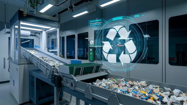 Recycling Facility with Conveyor Belt Sorting Plastic Waste and Digital Symbol Overlay for Efficient Waste Management Solutions