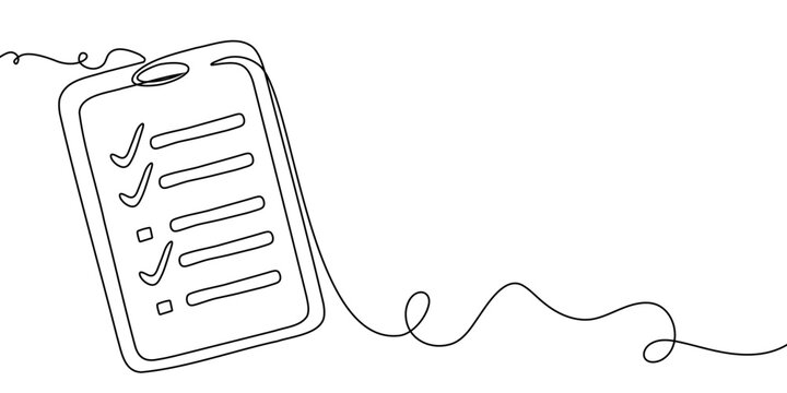 Art one line document continuous icon list illustration single check clipboard. One art line test checklist survey data pen paper vector business report doodle notebook agenda sketch board form.