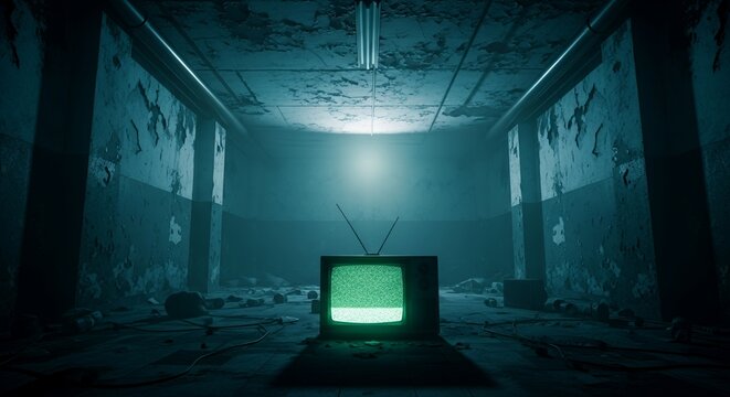 Old Television Glowing Green in a Dark, Dilapidated Room - Powered by Adobe