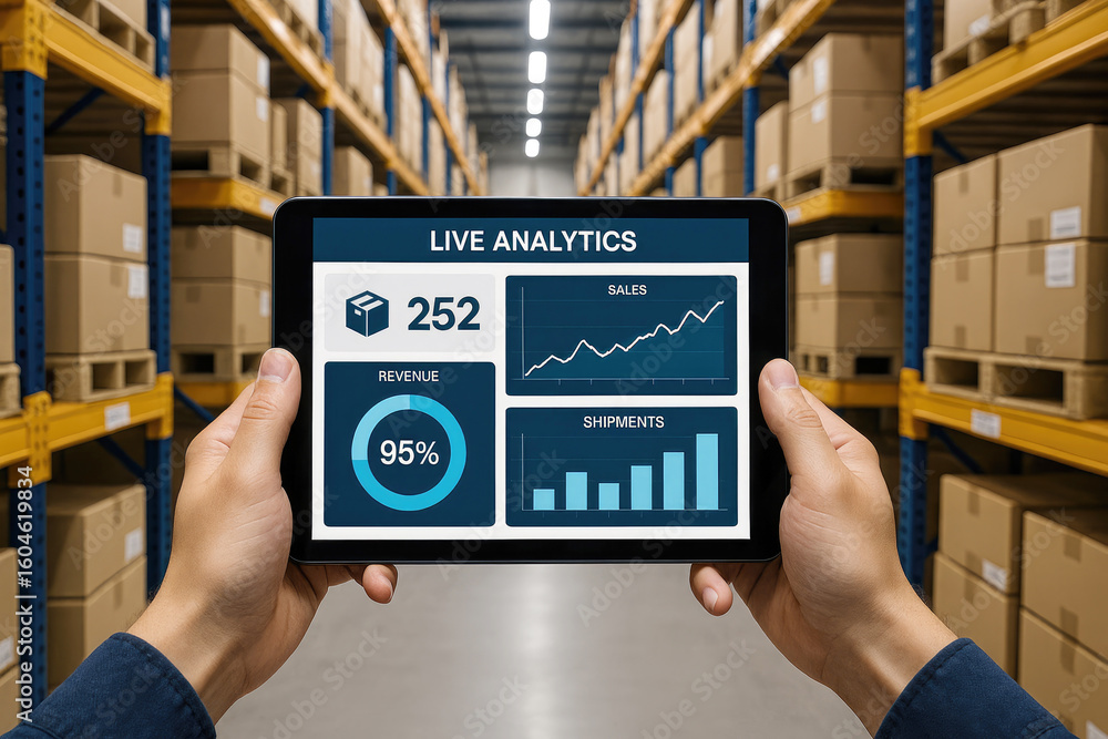 Poster warehouse analytics tablet displaying sales and shipment data hands storage