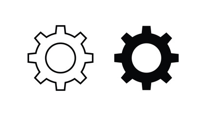 Two black and white gear icons one outlined and one solid on a white background
