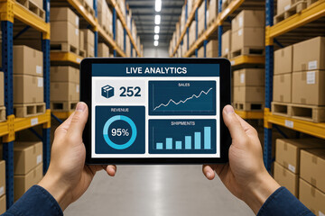 Warehouse analytics tablet displaying sales and shipment data hands storage