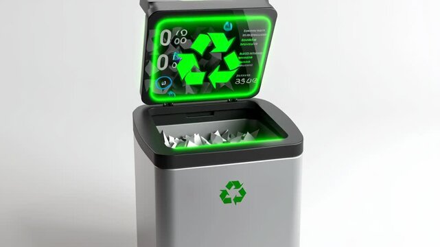 Smart Recycling Station with Glowing Hologram Interface Displaying Green Recycling Symbols and Advanced Technology