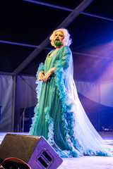 Drag Queen Performs Stunning Act on Stage During Vibrant Outdoor Festival at Night
