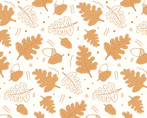 Seamless vector pattern with hand drawn oak leaves and acorns in warm beige and white colors. Autumn doodle style, perfect for packaging, fabric, stationery, and seasonal branding.