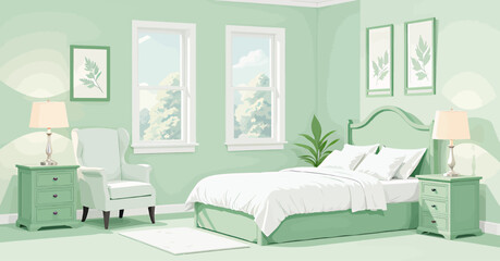 "Serene Green Bedroom with Natural Light and Plants"