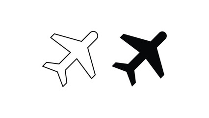 Two stylized airplane icons one outlined and one solid black against a white background